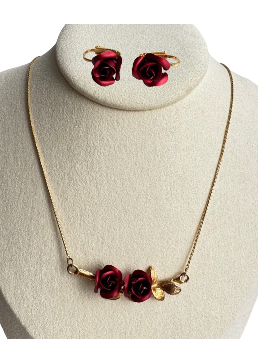 Vintage Red Rose Necklace & Earrings Set Gold Tone Floral Costume Romantic Gift